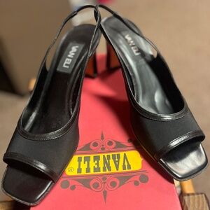 Vaneli Teddy Black Fabric and Calfs Skin Trim Women's Sling Back Pump
